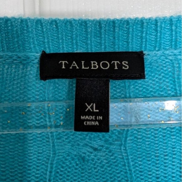 Talbots Button Cuff Cable Knit Tweed Sweater Womens Size XL Blue Lambswool Blend - Picture 4 of 9